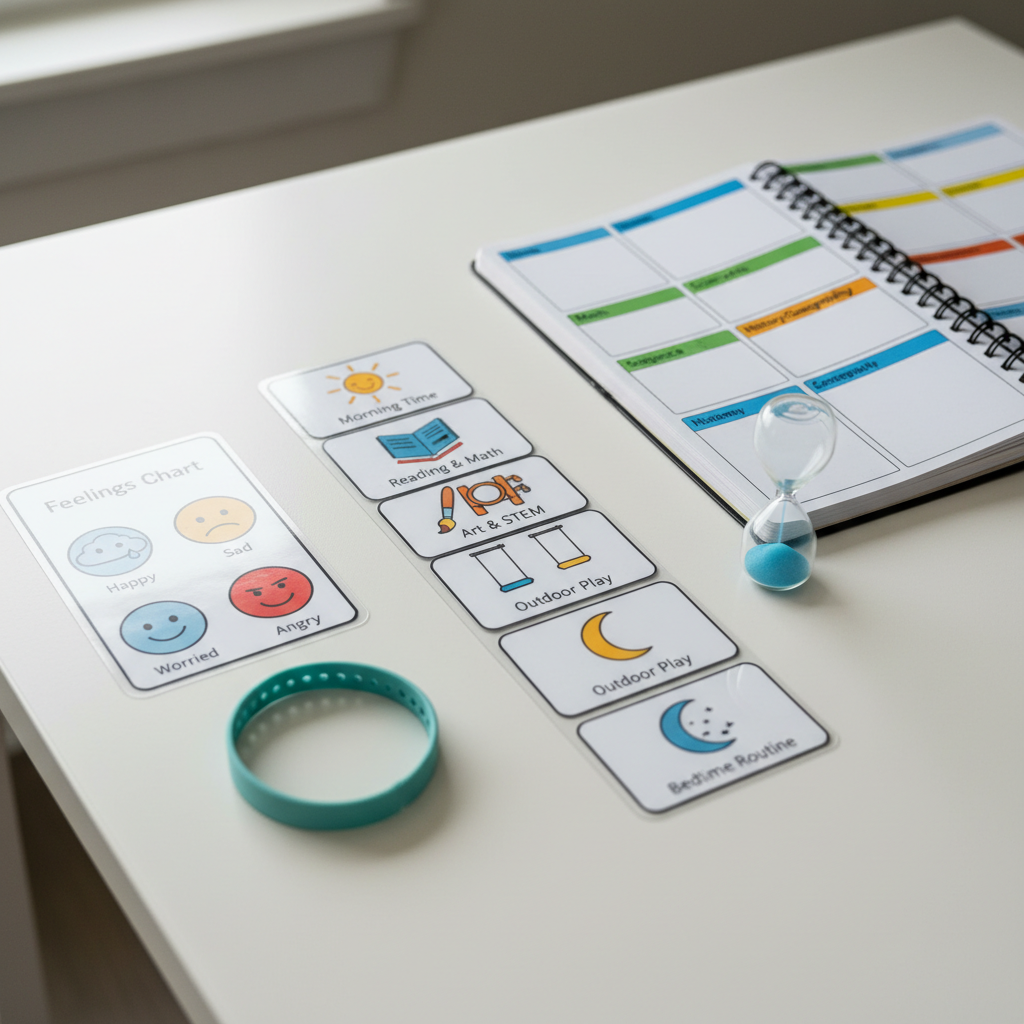 A close-up of a structured daily homeschool routine laid out on a smooth white table: laminated picture cards in a tidy vertical strip, a glossy spiral-bound planner open to a color-blocked weekly schedule, and a small sand timer with blue sand mid-flow. Next to them lies a laminated feelings chart with simple icons and a soft silicone fidget band neatly coiled. Gentle indirect daylight from a side window creates soft highlights on the laminated surfaces and subtle shadows, giving a calm, professional feel. Shot from a slightly elevated angle with shallow depth of field, the focus rests on the routine strip while the planner edges blur, emphasizing clarity, predictability, and supportive organization in a clean photographic style.